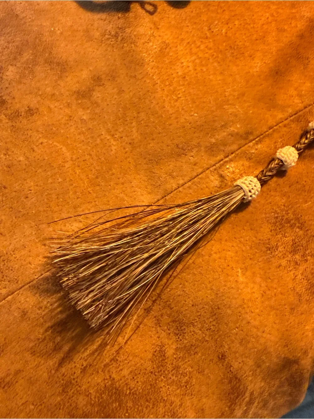 Vintage Western Bolo Tie pewter a saddle Horsehair and Barrel beads Lrg.